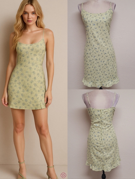 Vintage Dresses & Skirts - 90s Vintage IZ Byer Sage Green Floral Embroidered Ruffle Hem Mini Dress 12